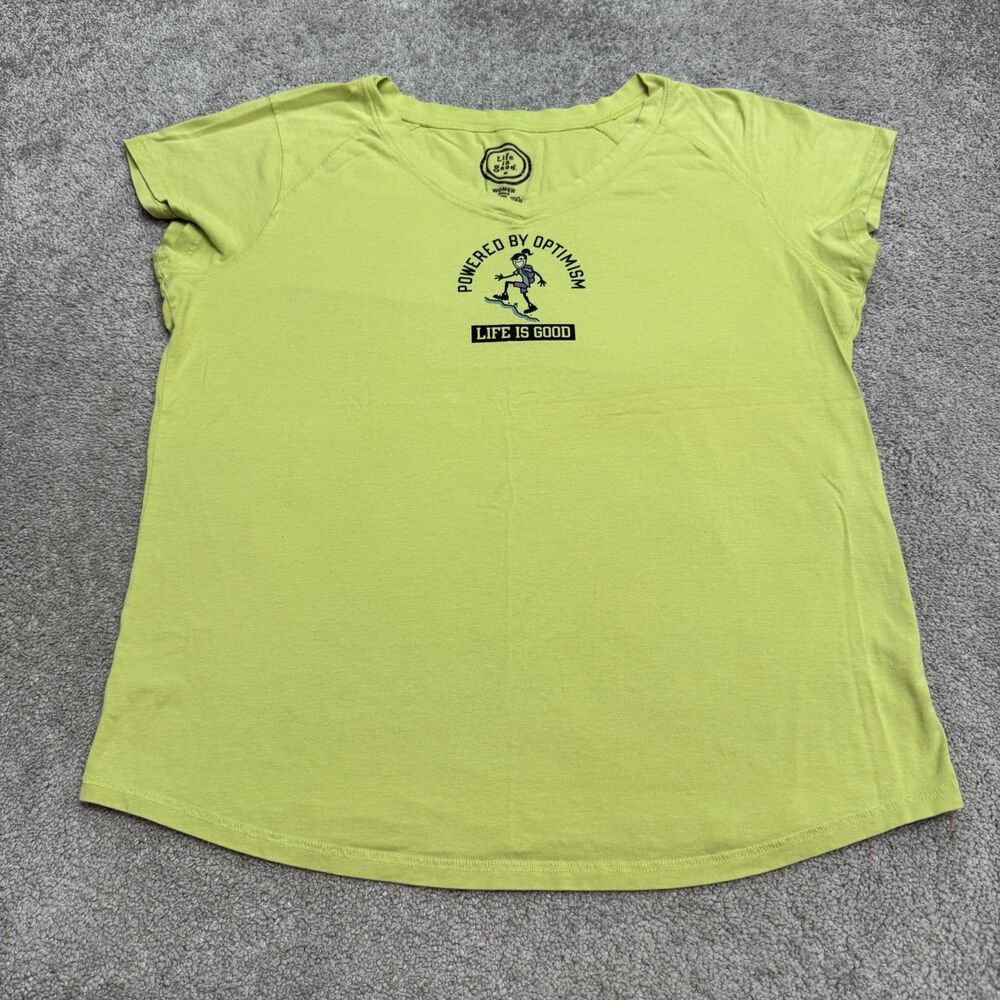Life Is Good Graphic T-Shirt Womens XXL Green Powered By Optimism V-Neck Tee